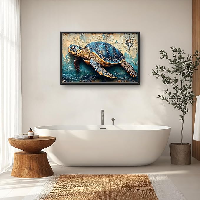 Large Nautical Turtle Wall Art for Living Room, Coastal Ocean Canvas Oversized Wall Decor, Beach Aesthetics Framed Pictures Painting Print Artwork for Bedroom Office 36L" x 24W"