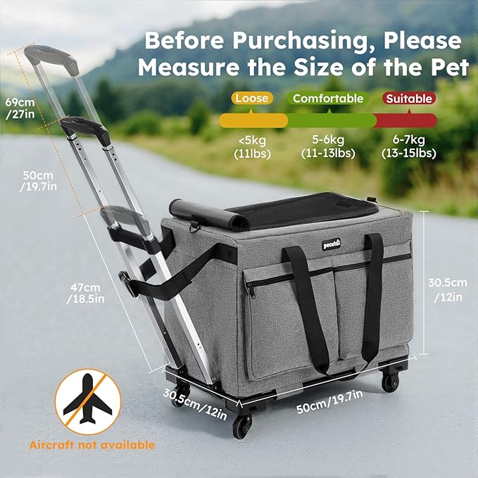 Pecute Cat Carrier with Wheels,Steel Wire Frame Cat Carrier, Stable Pet Trolley Bag for Cats, Pet Handbag and Stroller Bag, Portable Cat Carrier Bag for Car Travel Bus Subway, L, Grey
