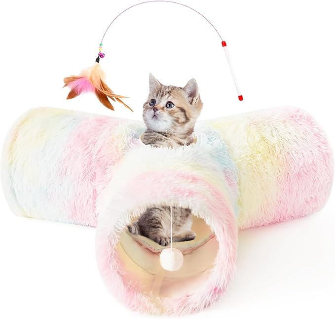 Tempcore Plush Pet Cat Tunnel Tube Cat Toys 3 Way Collapsible, Tunnels for Indoor Cats,Kitty Tunnel Bored Pet Toys Peek Hole Ball Puppy, Kitty, Kitten, Rabbit Rainbow