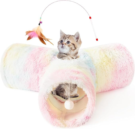 Tempcore Plush Pet Cat Tunnel Tube Cat Toys 3 Way Collapsible, Tunnels for Indoor Cats,Kitty Tunnel Bored Pet Toys Peek Hole Ball Puppy, Kitty, Kitten, Rabbit Rainbow