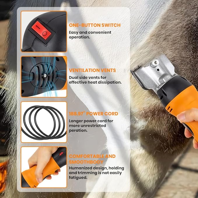 Horse Clippers Professional Electric horse Grooming Kit, Shaving Equine Clippers for Horses Goat Cattle Thick Coat Animals, 6 Speeds Large Heavy Duty Farm Livestock Haircut Trimmer (600W, 2 Blades)