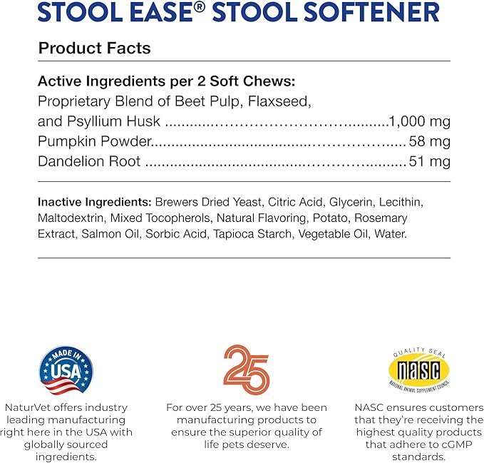 NaturVet – Stool Ease for Dogs – 40 Soft Chews – Helps Maintain Regular Bowel Movements – Enhanced with Sugar Beet Pulp, Flaxseed & Psyllium Husk – 40 Day Supply