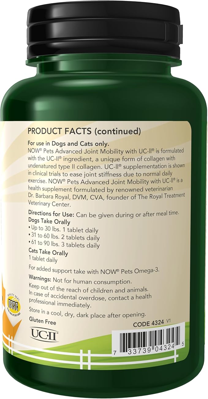 NOW Foods® Pets, UC-II® Advanced Joint Mobility for Dogs and Cats, Veterinarian formulated, Help Maintain Cartilage and Connective Tissue*, 60 Chewable Tablets (60 Grams)