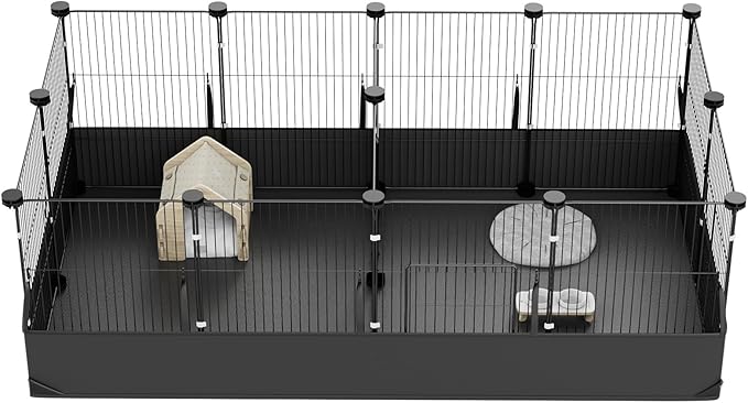 Tresbro Guinea Pig Playpen with 14 Panels & Divided Room, Triple Fixing Measures Small Animal Cage with Waterproof PVC Liner & One-Motion Hooks, Rabbit, Bunny, C&C Grids Cage 48 x 24 x 16 Inches