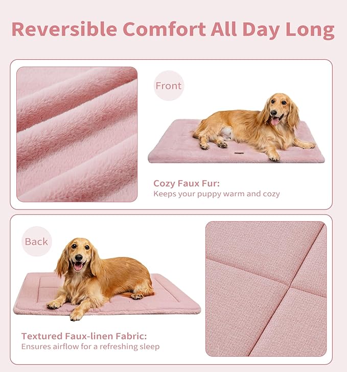 Made4Pets Dog Crate Pad Bed for Extra Large Dogs, Washable & Reversible, Anti-Slip Kennel Mat for Cozy Sleeping, Soft Fluffy Dog Bed for Indoor & Outdoor Use, 48"x30", Pink