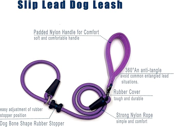 Slip Lead Dog Leash,Strong Nylon Rope Leash and Padded Handle,No Pull Outdoor Walking Training Lead for Small Medium Large Dogs(Purple,1/2"×4ft)