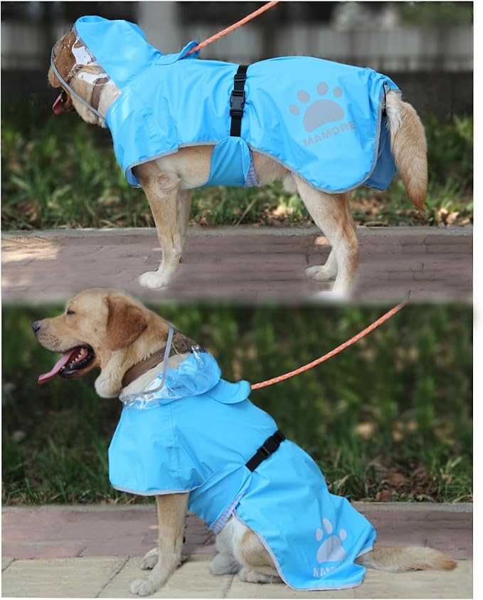 Waterproof Dog Raincoat, Reflective Adjustable Hooded Dog Rain Coat, Lightweight Breathable Pet Rain Jacket Poncho Double Layer with Leash Hole for Small Medium Large Dogs (Blue, XX-Large)