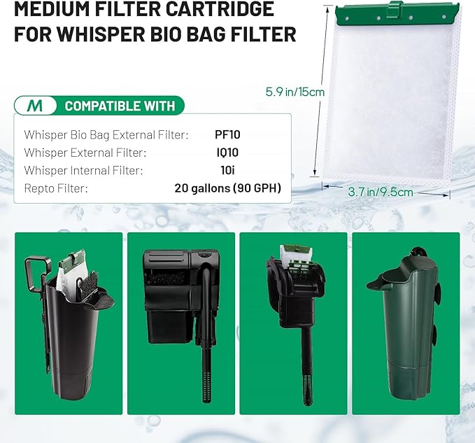 10 Count Medium Filter Cartridges Compatible with Whisper Bio Bag Filters, Large Aquarium Filter Cartridge for Whisper 10i/IQ10/PF10 and Repto Filter 90 GPH