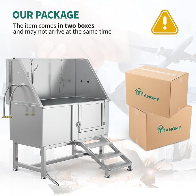 YITAHOME Professional Dog Bathtub 50in, Stainless Steel 304 Dog Bathing Station for Home, Pet Grooming Tub w/Right Stairs, Faucet, Floor Grate, Pet Washing Station for Large, Medium, Small Pets