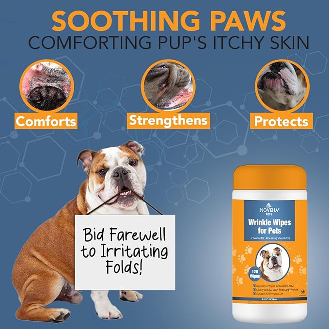 NOVEHA 5βx7β Large Dog Wipes | Wipes for Bulldog, French Bulldog, Pug, English Bulldog | Deodorizing, for Multiple Areas Removes Dirt, Wrinkles, Folds, Tear Stain, Tail Pockets & Paws (120 Counts)