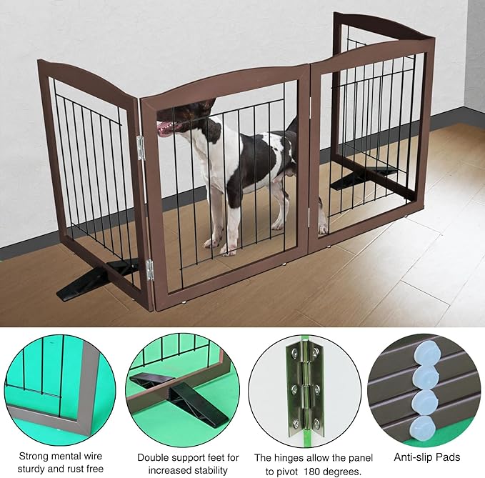 ZJSF Freestanding Dog Fence Indoor, Foldable Dog Gate for Doorways, Stairs or Hallways, Sturdy Wood Extra Wide Pet Gate with Support Feet for The House, Brown, 32 "Height-4 Panels
