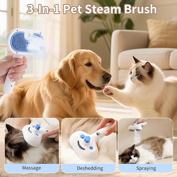 Cat Steam Brush for Shedding,3 In 1 Steam Brush for Dogs & Cats,Spray Hair Removal Comb,Includes Waterless Shampoo,Suitable for Long-haired and Short-haired Pets