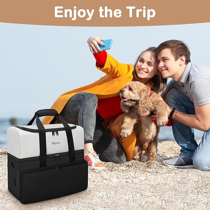 Mancro Dual Layers Dog Travel Bag, Pet Travel Bag with 2 Extra Large Food Containers, 2 Collapsible Dog Bowls, Multi-Pockets Tote Organizer for Pet Essentials for Dogs, Black