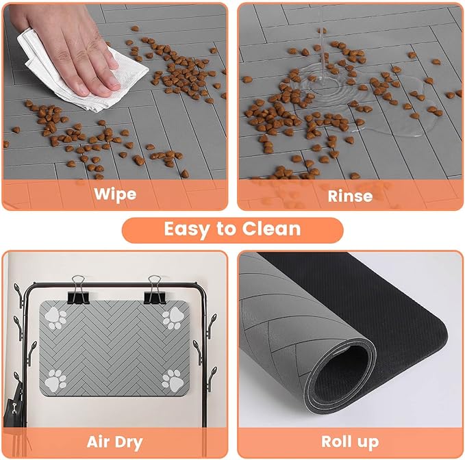 Pet Feeding Mat-Absorbent Pet Placemat for Food and Water Bowl, with Waterproof Rubber Backing, Quick Dry Water Dispenser Mat for Dog and Cat (12"x20", Striped Light Gray)