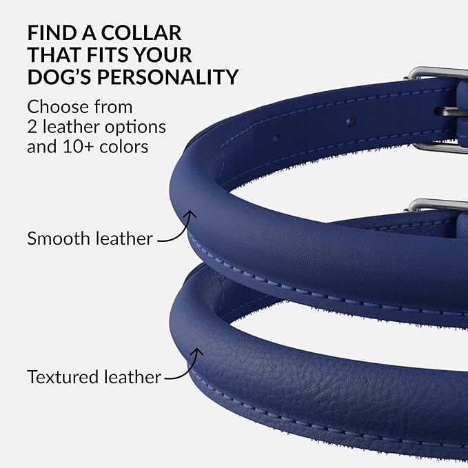 CollarDirect Rolled Leather Dog Collar, Soft Padded Round Puppy Collar, Handmade Genuine Leather Collar Dog Small Large Cat Collars 13 Colors (6 Inch, Deep Blue Smooth)