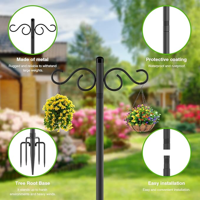 Double Shepherds Hooks for Outdoor,1 Pack 110 Inch Bird Feeder Pole With 5 Prongs Base,Heavy Duty Shepherds Hook,Suitable For Garden in Hanging Flower Basket,Lantern,Bird Nests(1 Pack 110 inch)