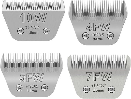 4PCS Wide Blades for Dog Grooming Blades Compatible with Andis,Oster A5,Wahl km10 Dog Clippers Stainless Steel Blades for Animal Dog,Cat,Horse,Silver Size: #10W+30W+5FW+7FW