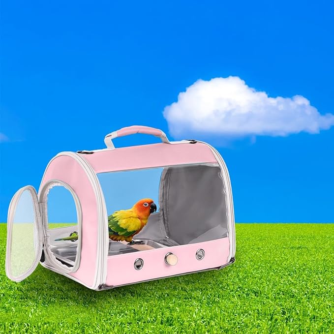 Long Tail Bird Travel Carrier Cage with Tray and Stand Perch, Portable Lightweight Clear Windows Carry Bag for Parakeet Budgies Cockatiel Transport to Vet (Pink, Cylinder Design - Clear)