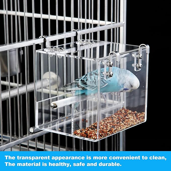 No Mess Bird Feeder for Cage - Automatic Bird Feeder Transparent Food Container Acrylic No Spill Cage Seed Catcher with Stainless Steel Hooks for Parrot Parakeet Cockatiels Lovebirds