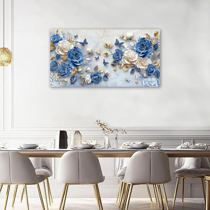 Large Flower Wall Art Canvas Living Room Floral Pictures Framed Prints Oversize Wall Decor Blue Butterfly Painting for Bedroom Dining Office Home 60"x30"