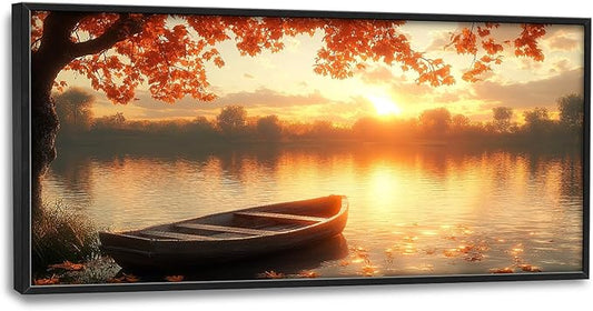 Large Lake Sunrise Landscape Wall Art for Living Room, Nature Boat Canvas Oversized Wall Decor, River Scenery Framed Pictures Painting Print Artwork for Bedroom Office 60"L x 30"W