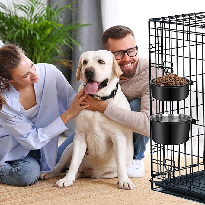 No Spill Water Bowl for Dogs, Sturdy Stainless Steel Dog Dishes 2 Pack with Dog Bowl Holder Hanging on Pet Cage Kennel Crate, Detachable Metal Food/Water Bowl Set for Medium/Large Dogs