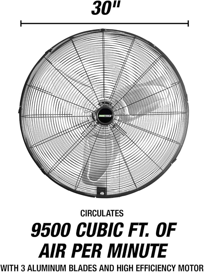 OEMTOOLS OEM24884 30 Inch Oscillating Wall Fan, 9500 CFM Max. Garage 90 Degree Mounted Fan with 6 Ft. UL Listed Cord