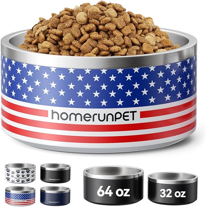 Homerunpet Double Wall Stainless Steel Dog Bowls, Non-Slip Base, Dishwasher Safe, Durable Pet Food & Water Bowl for Dogs & Cats(32oz, American Flag)