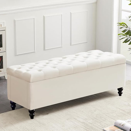 Ottoman with Storage,50.2-inch Upholstered End of Bed Storage Bench for Bedroom,for The Living Room,for Entryway, with Button and Safety Hinges,Detachable (White)