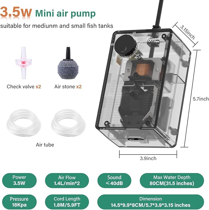hygger See-Through Air Pump for Aquarium: Adjustable Oxygen Pump,Silent Powerful Aerator Pump 3.5W 2 Air Outlets Ultra Silent for Large Medium Fish Tank,Hydroponic Systerm, Household Commercial Use