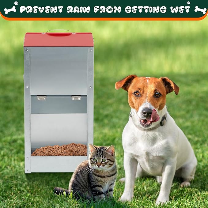 2 Pcs 12 Lbs Large Automatic Dog Feeders with Handle Acrylic Panel Galvanized Gravity Feeder Outdoor Hanging for Doggie Breed Dog Food Dispenser Container(Red, No Wheels)