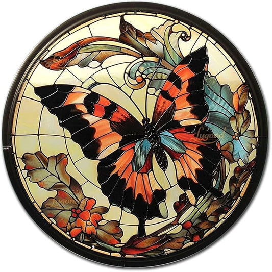 Lygond Metal Sign Tin Sign Circular Stained Glass Butterfly Decor Outdoor for Restaurant 8×8 Inches