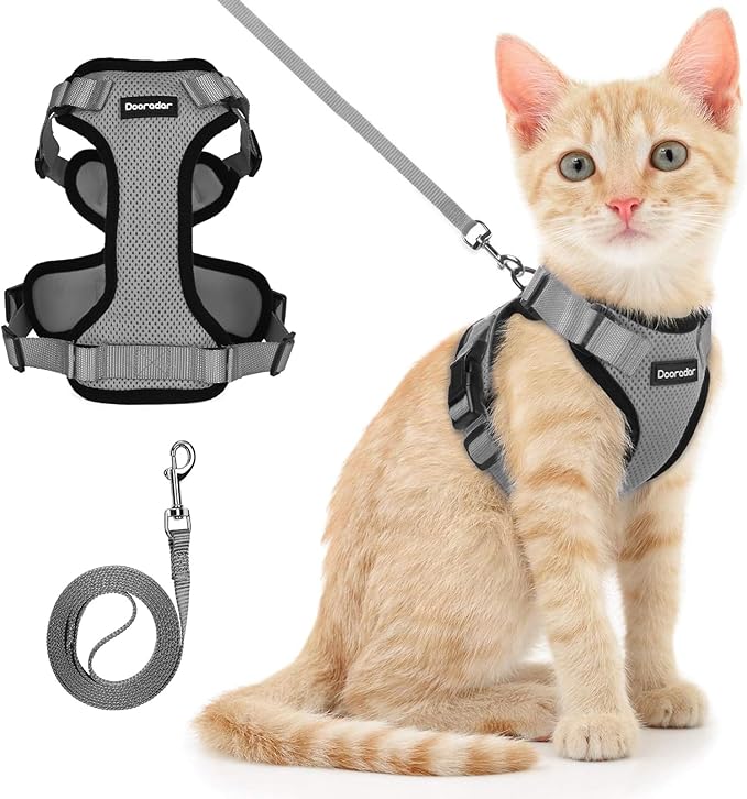 Dooradar Cat Harness and Leash Set, Escape Proof Safe Adjustable Kitten Vest Harnesses for Walking, Easy Control Soft Breathable Mesh Jacket with Reflective Strips for Cats, Grey, XXS
