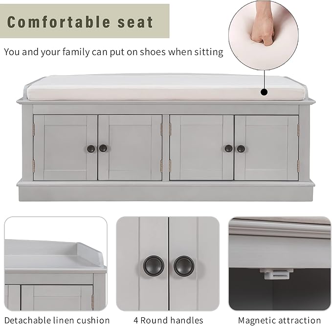 Storage Bench with 4 Doors and Adjustable Shelves, Shoe Bench with Removable Cushion for Living Room, Entryway 42.7" L x 16" W x 17.4" H (Gray Wash)