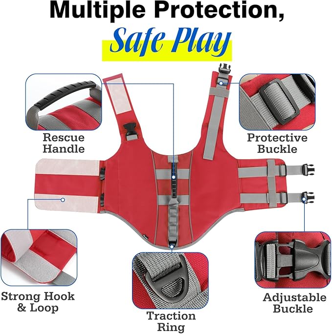Pawaboo Dog Life Jacket, Reflective Dog Safety Vest Adjustable Pet Life Preserver with Strong Buoyancy & Sturdy Rescue Handle, Ripstop Dog Lifesaver Vests for Swimming, Boating, L, Red