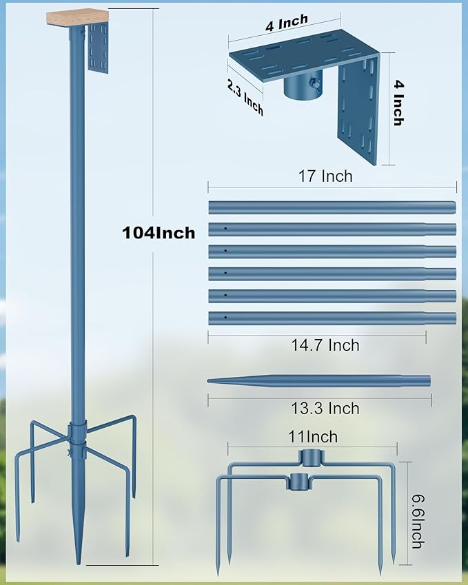 Bird Feeder Pole Stand – 104 Inch Height Feeding Station with 1-Inch Dia Heavy Duty for Hanging Feeders, Bird House Pole Mount Kit for Outdoor, Slip-Fit Connection, Blue