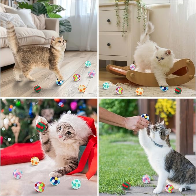 TUSATIY Interactive Cat Ball Toy, 6PCS Fuzzy Kitty Balls with Bells,Cats Pom Pom Balls for Kittens to Keep Busy,Colorful Cat Chew Toys for Indoor Cats