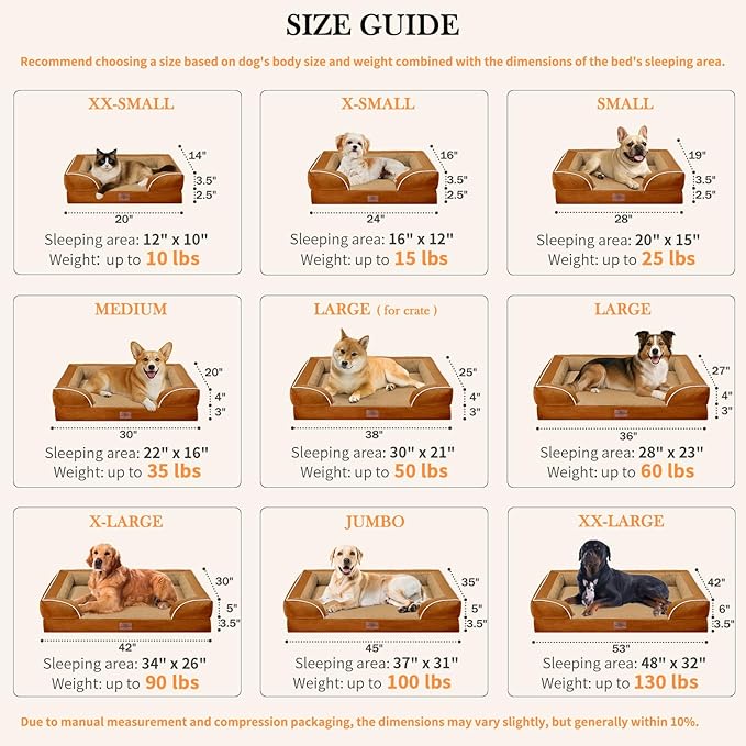 Comfort Expression Small Dog Beds Waterproof Orthopedic Foam Dog Sofa Beds for Medium Dogs Comfy Pet Bed with Washable Removable Cover & Non-Slip Bottom(Small,Caramel)