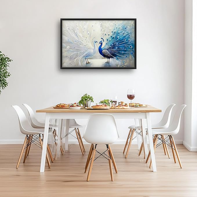 Quorin Peacock Large Wall Art Blue and White Pictures Elegant Animal Wall Decor Canvas Print Painting Artwork for Bathroom Living Room Bedroom 36L x 24W
