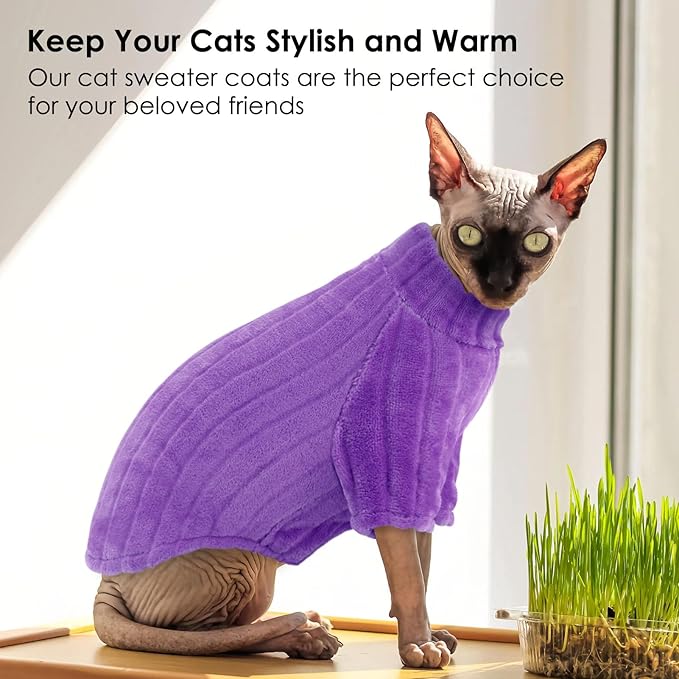 SUNFURA Sweaters for Cats, Hairless Sphynx Sweater Kitten Pullover with Sleeves, Warm and Soft Cat Pajamas Fleece Sweatshirt Jumpsuit, Turtleneck Clothes for Fall Winter, Purple S