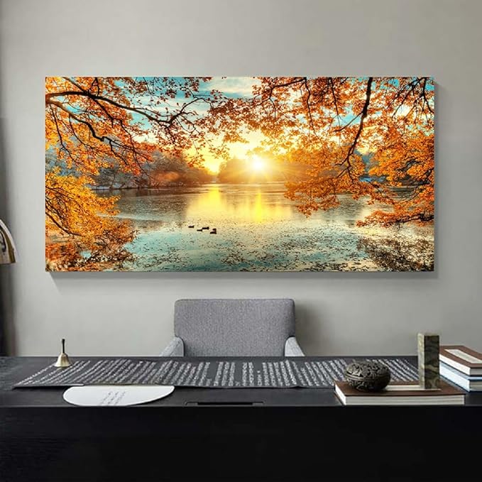 Yxbhhym-Landscape Tree Canvas Wall Art Fall Forest Sunset Wall Decor Poster Lake Water Pictures for bedroom wall décor Natural Scenery Paintings Artwork Large Living Room Decor Home Office Decoration