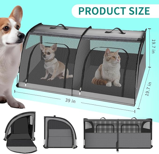 Double Cat Car Travel Carrier, Twin Compartment Show House Cat Cage/Condo,Portable Pet Crate for 2 Cats Travel Double Dog Crate Set for Long Distance Travel