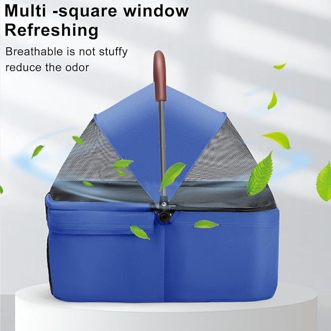 Pet Stroller Pram Dog Carrier Trailer 4 Wheels Foldable Dog with Storage Basket,Holds up to 44 lbs,Adjustable Handle,Folding Travel Stroller Suitable for Traveling with Cats and Dogs (Blue)