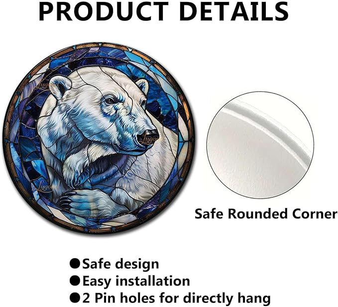 Lygond Metal Sign Tin Sign Circular Stained Glass Polar Bear Minimalist Wall Art for Gift 12×12 Inches