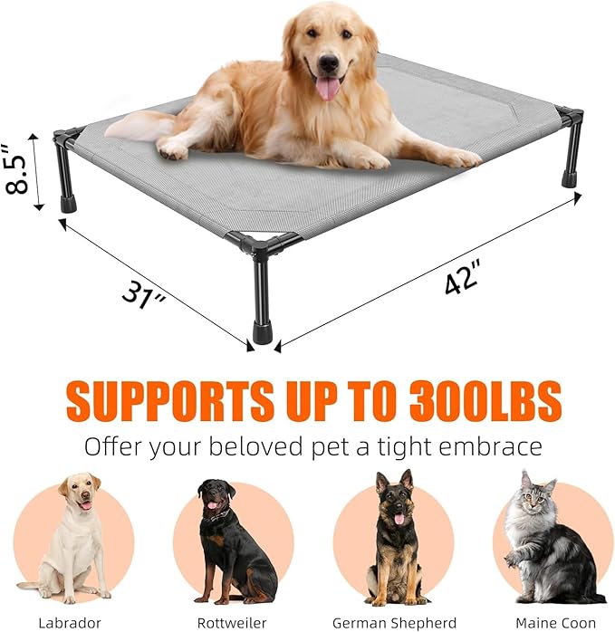Simple Trending Raised Bed for Large Dog, Waterproof L Pet Cot, Breathable Big Bed Load 300lb, Metal Connector, Grey