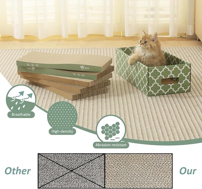 MECOOL Cat Scratching Board,5PC Cat Scratch Pad with Box,Reversible Corrugated Cat Scratcher Cardboard and Lounge Bed for Indoor Cats, Catnip