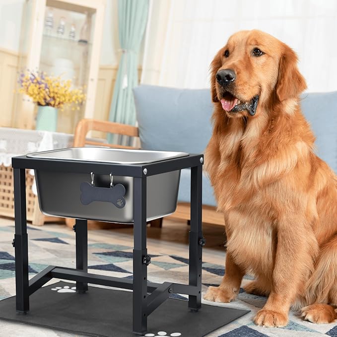 2.8 Gallon Elevated Large Dog Water Bowl, 4 Adjustable Height 10.5-15.8'' Raised Stainless Steel Bowl Stand with Anti-Slip Mat for Large Breed, Metal Dog Feeding Station for Relief Joint Pressure