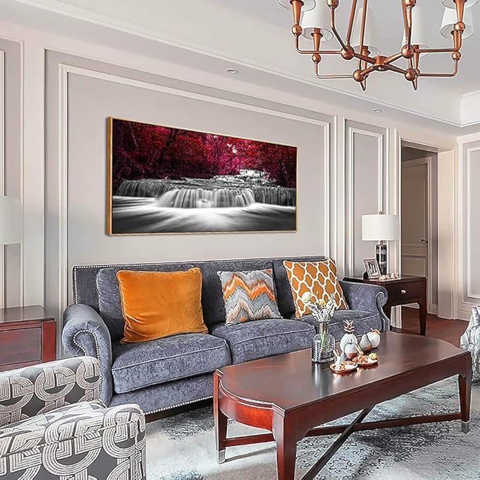 Lasdel Natural Extra Framed Canvas Wall Art of Wide Waterfall & Red Leaves Picture For Bedroom,Burgundy Nature Black White Artwork Decor,Beautiful Maple Leaves Landscape Print Painting,30x60