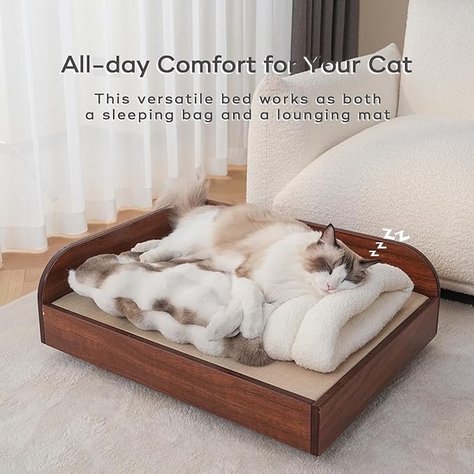 Cat Sleeping Bags for Indoor Cats Self Warming Cat Bed Fits up to 15 lbs Pets Soft Plush Warm Bed 360° Wrap Bag Washable Comfortable Pet Sleeping Bed 21" × 17" Coffee White