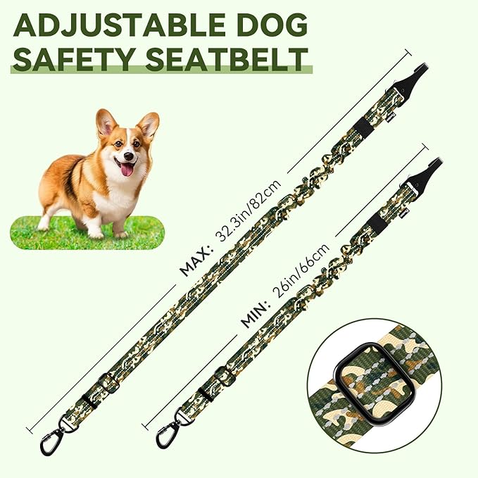 Pawaboo Dog Seatbelt for Car, 3-in-1 Dog Seat Belt Bungee, Shockproof Dogs Tether with Buckle&Hook Latch, Adjustable Reflective Dogs Cars Harness Leash with 360° Lockable Buckle, Army Green Camouflage